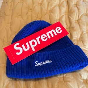Royal Blue Supreme Beanie and Sticker